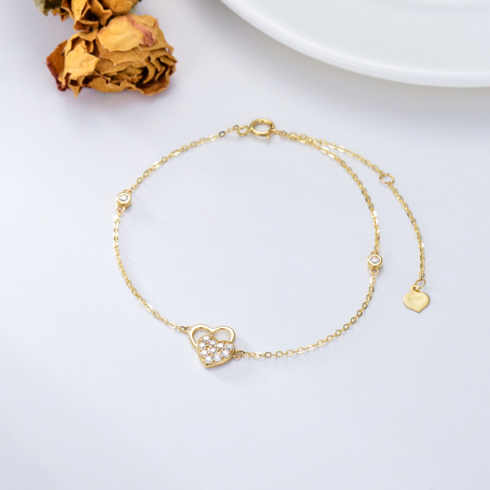 Coração de zircônia cúbica de ouro 10K com pulseira de pingente de coração para mulheres-3