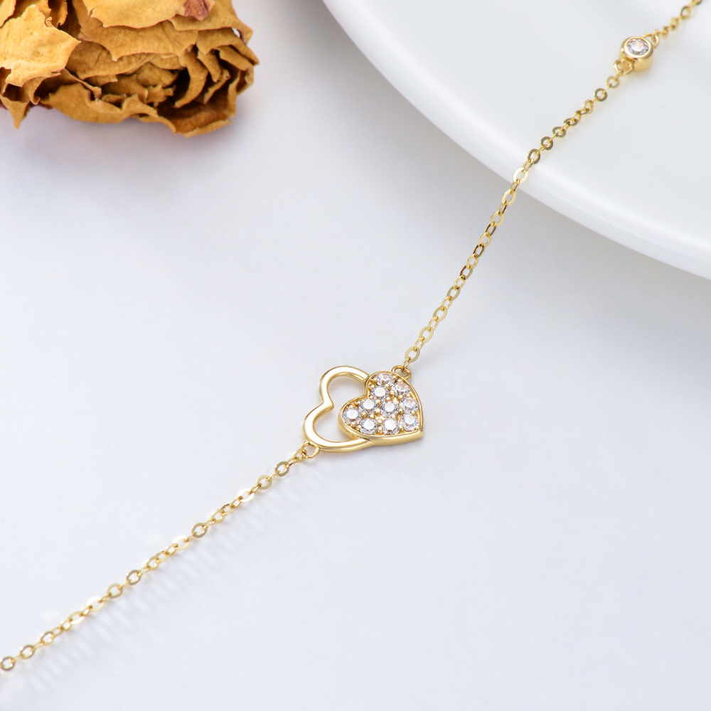 Coração de zircônia cúbica de ouro 10K com pulseira de pingente de coração para mulheres-4