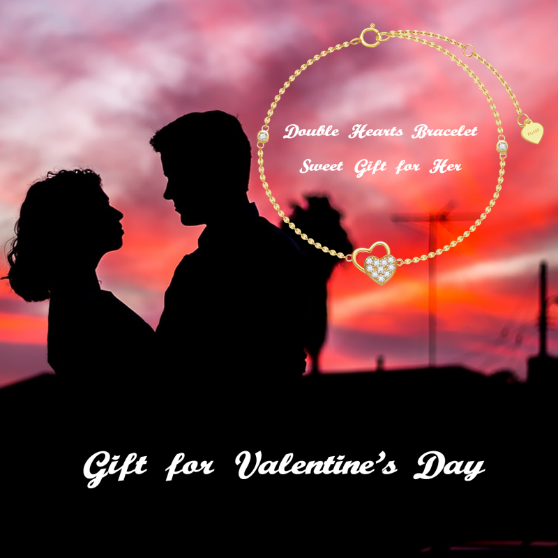 10K Gold Cubic Zirconia Heart With Heart Charm Bracelet For Women-5