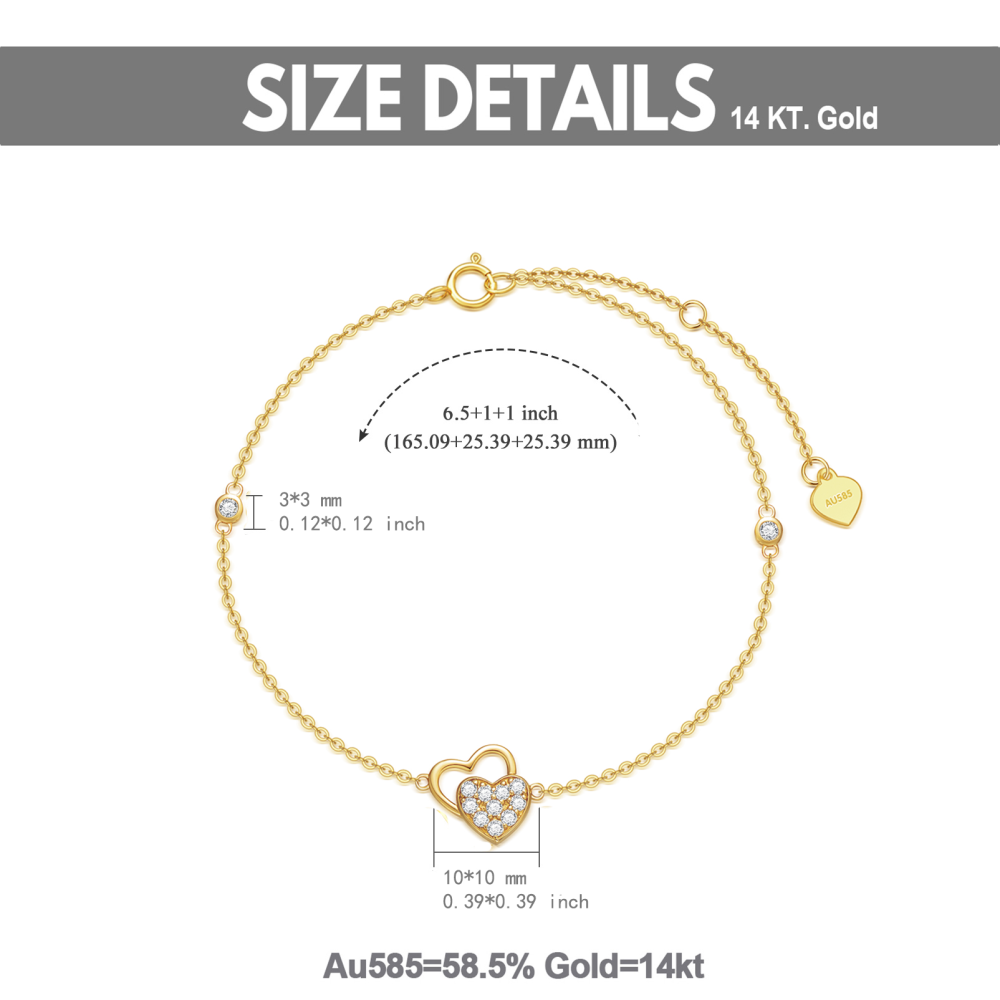 Coração de zircônia cúbica de ouro 10K com pulseira de pingente de coração para mulheres-6