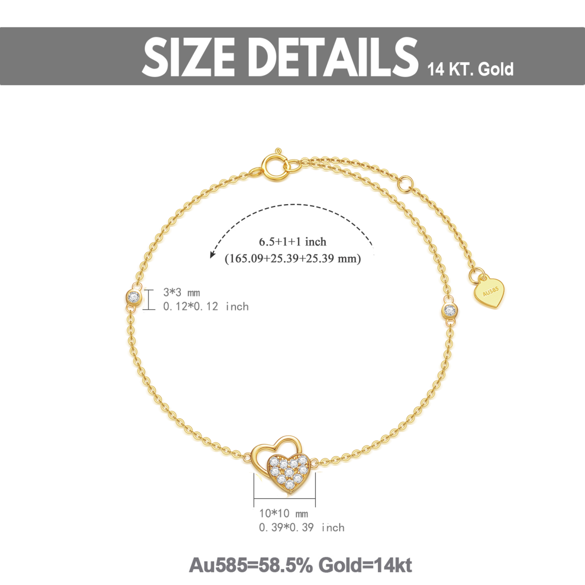 Coração de zircônia cúbica de ouro 14K com pulseira de pingente de coração para mulheres-6