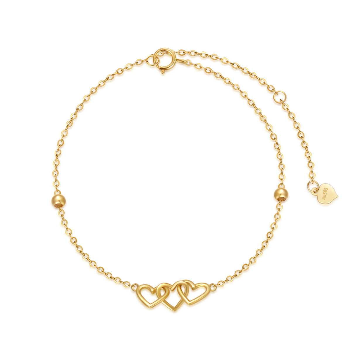 14K Gold Three Heart Charm Bracelet With Solid Gold Beads-1