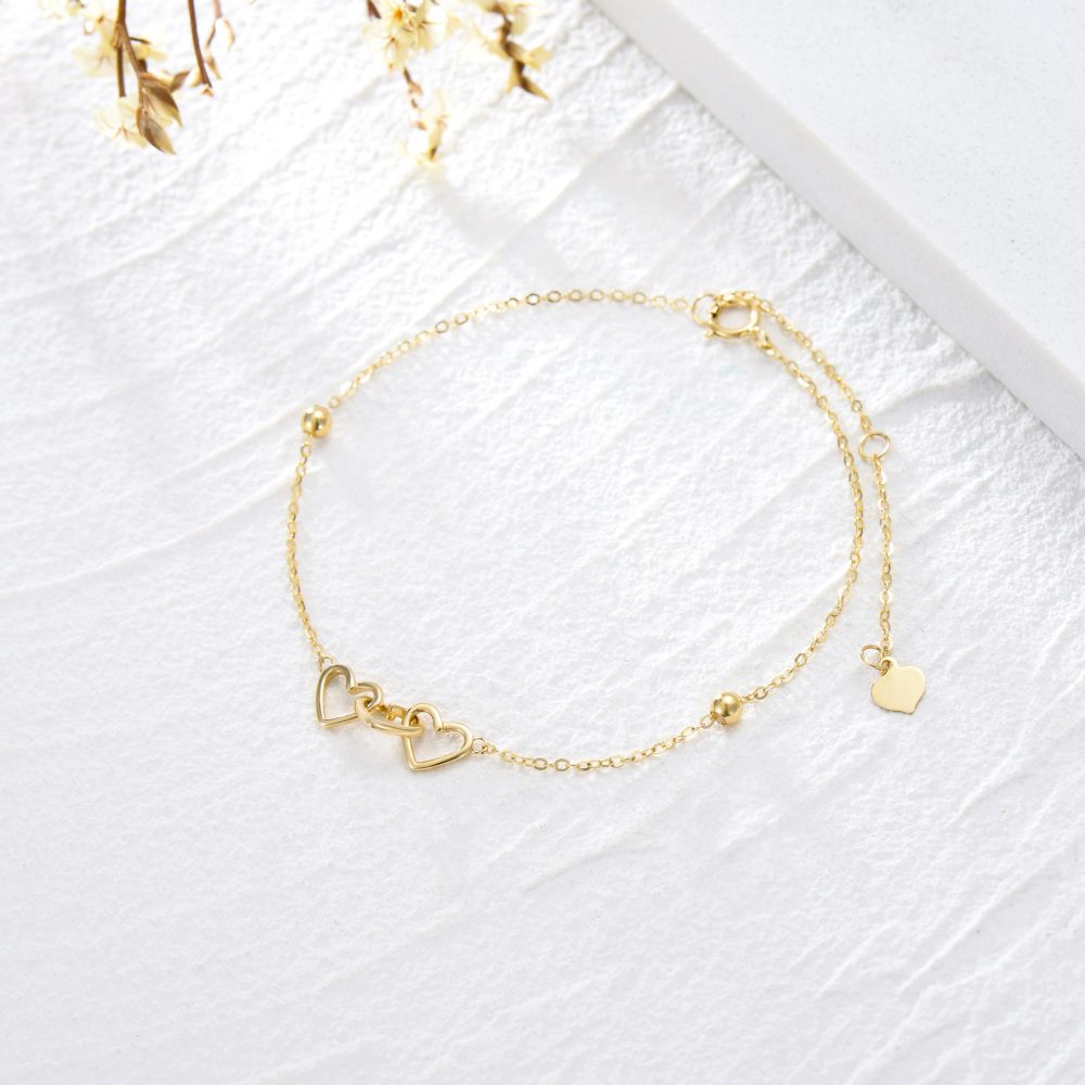 10K Gold Three Heart Charm Bracelet With Solid Gold Beads-3