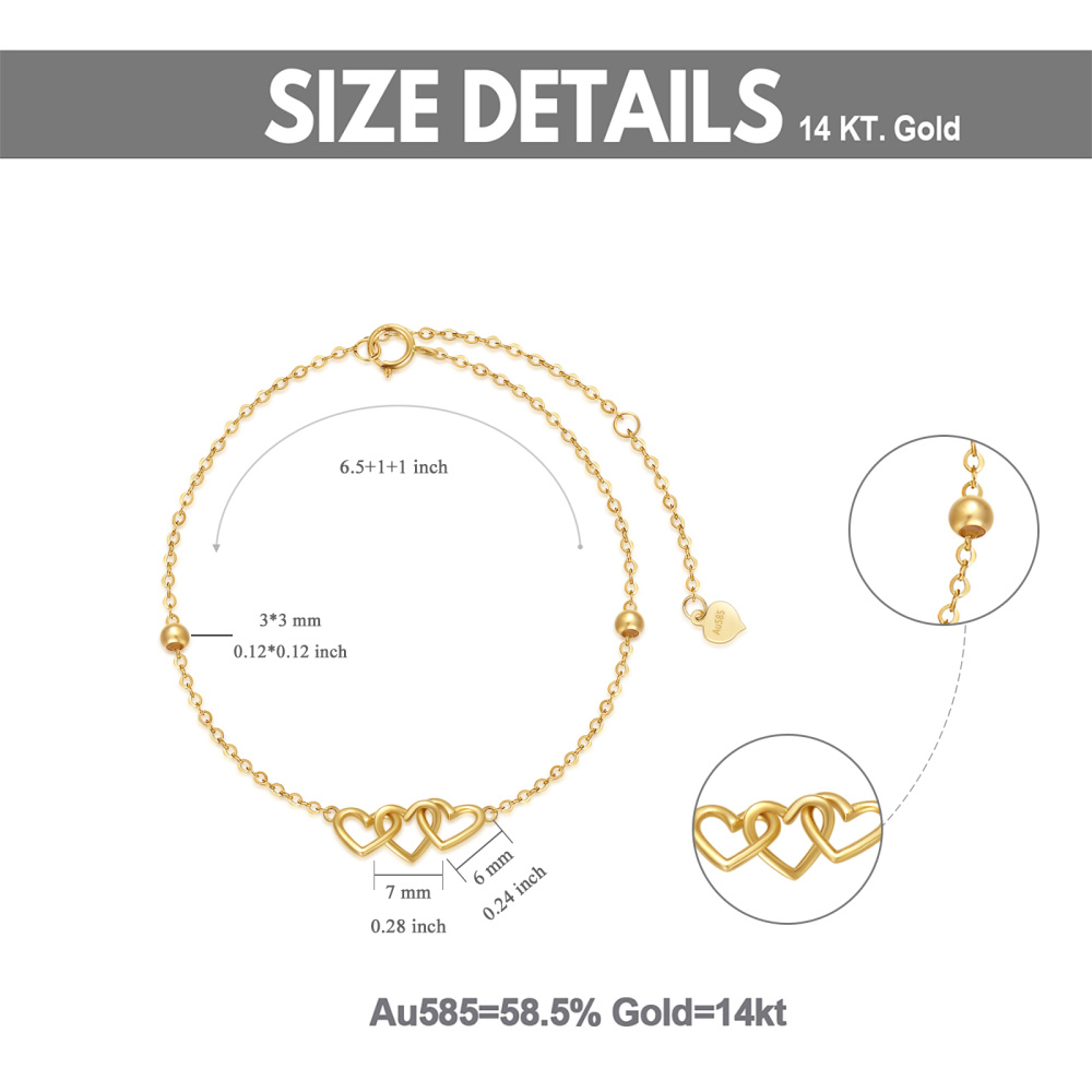 10K Gold Three Heart Charm Bracelet With Solid Gold Beads-6