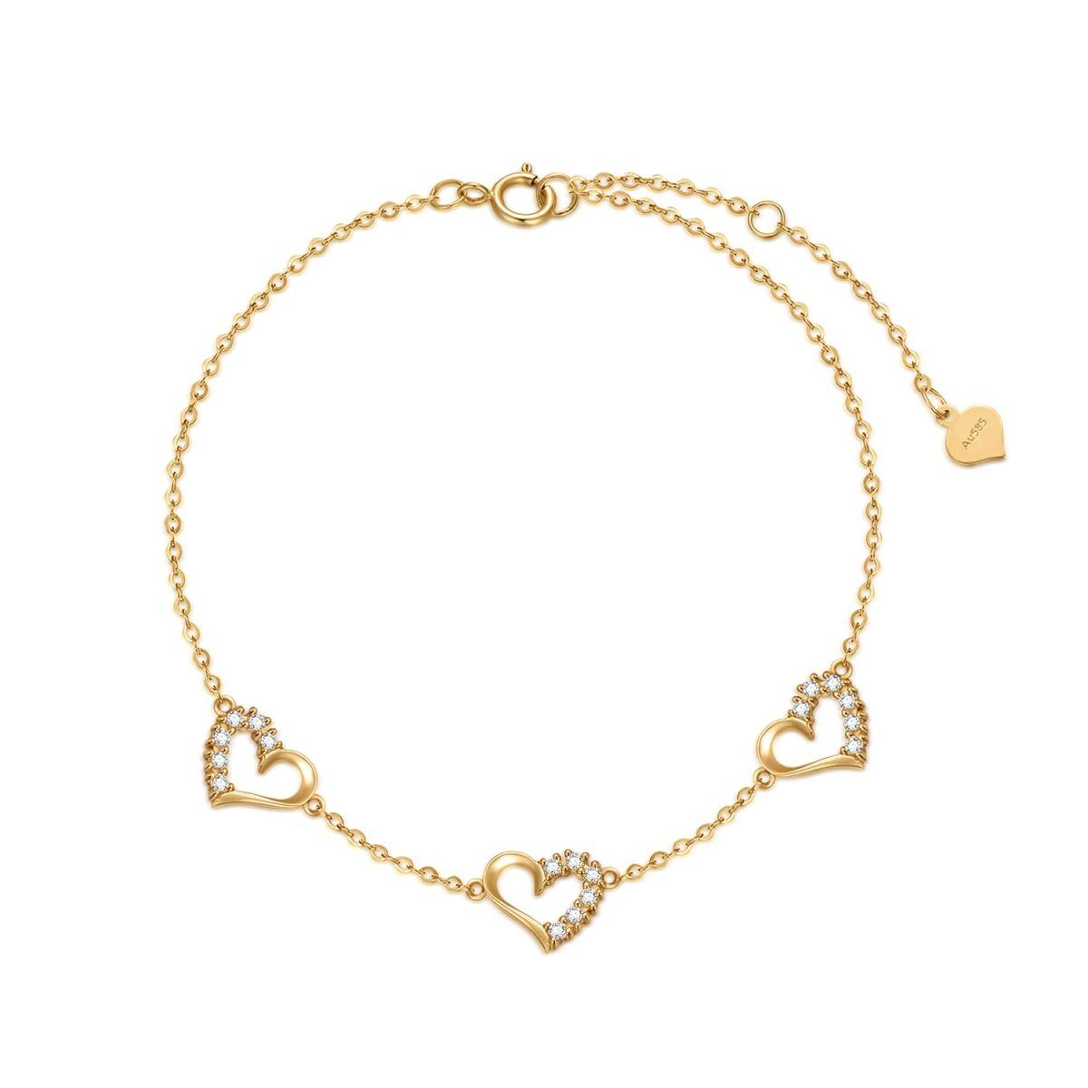 14K Gold Cubic Zirconia Heart With Heart Pendant Bracelet For Women-1