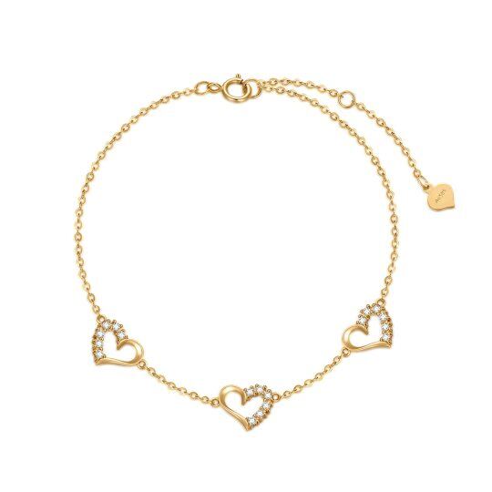 14K Gold Cubic Zirconia Heart With Heart Pendant Bracelet