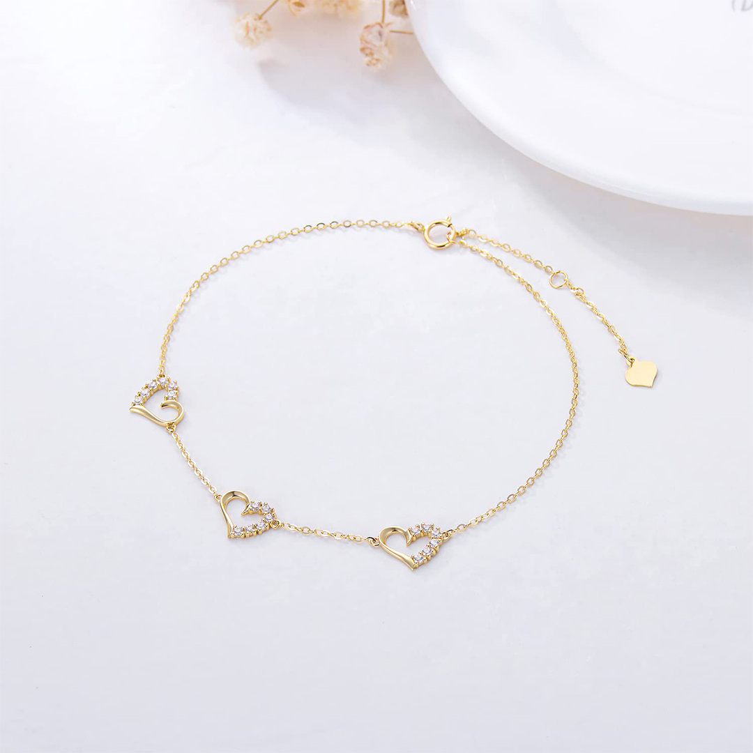 14K Gold Cubic Zirconia Heart With Heart Pendant Bracelet For Women-3