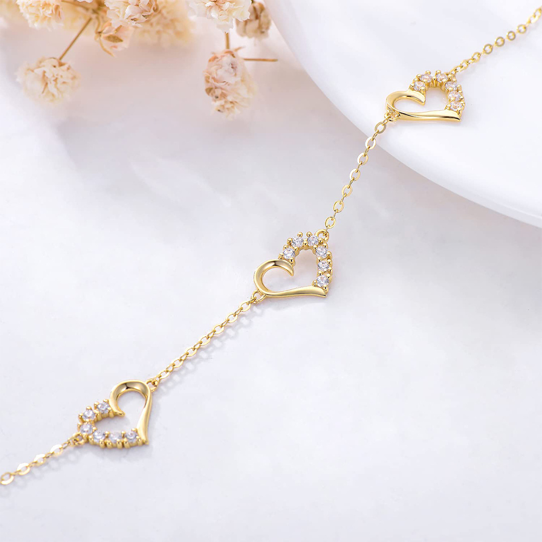 10K Gold Cubic Zirconia Heart With Heart Charm Bracelet For Women-4