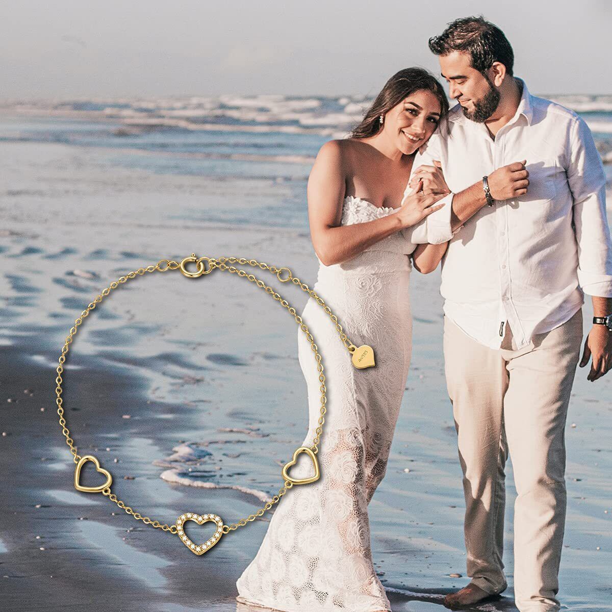 Pulseira de coração de diamante em ouro 14k para mulheres, joias de amor para esposa-2