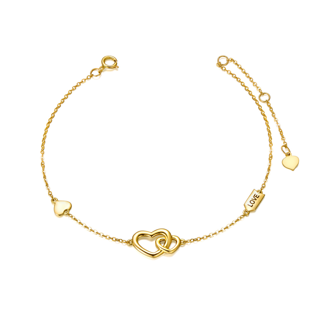 14K Gold Heart With Heart Pendant Bracelet with Engraved Word-1