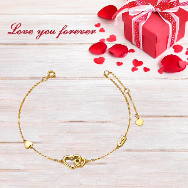 14K Gold Heart With Heart Pendant Bracelet with Engraved Word-3