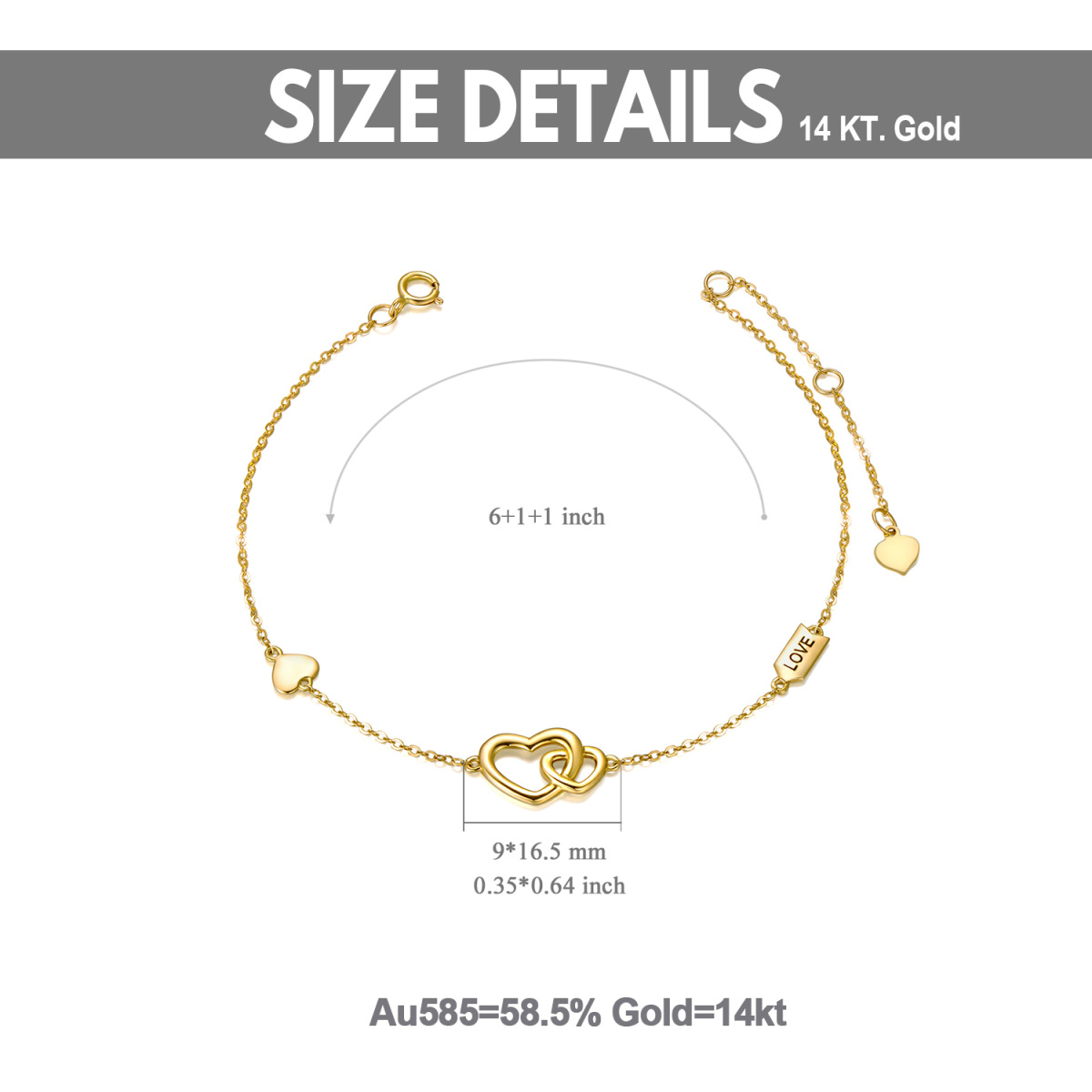 14K Gold Herz mit Herz-Anhänger-Armband mit eingraviertem Wort-6