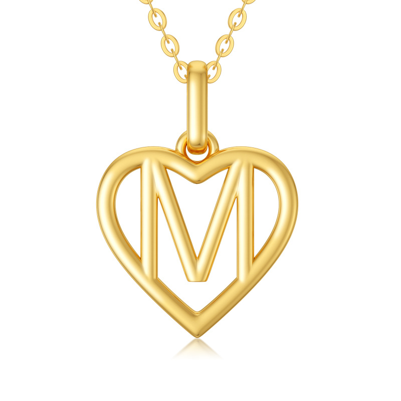 18K Gold Heart Pendant Necklace with Initial Letter M-1