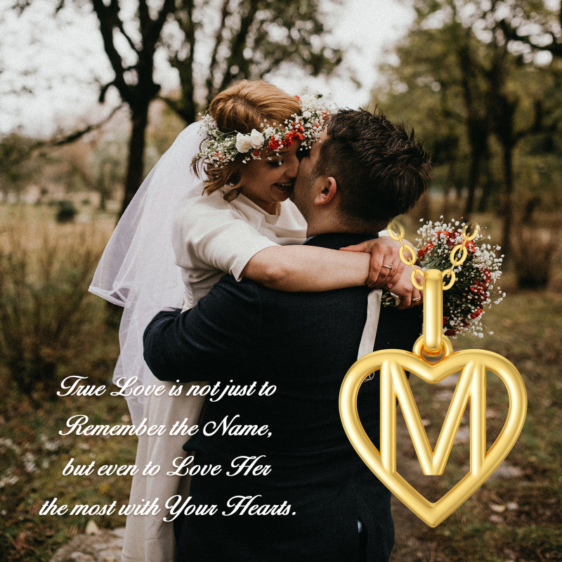 18K Gold Heart Pendant Necklace with Initial Letter M-3