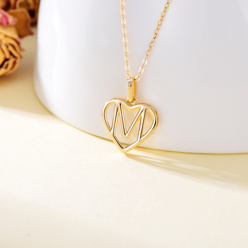 18K Gold Heart Pendant Necklace with Initial Letter M-4