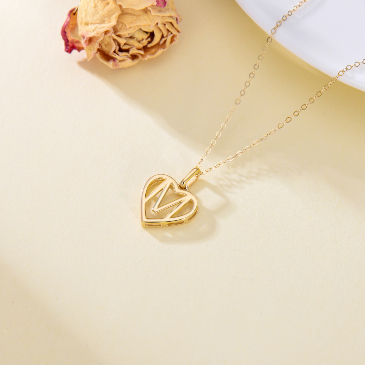 14K Gold Heart Pendant Necklace with Initial Letter M-5