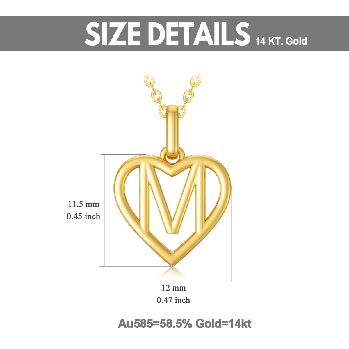 14K Gold Heart Pendant Necklace with Initial Letter M-6