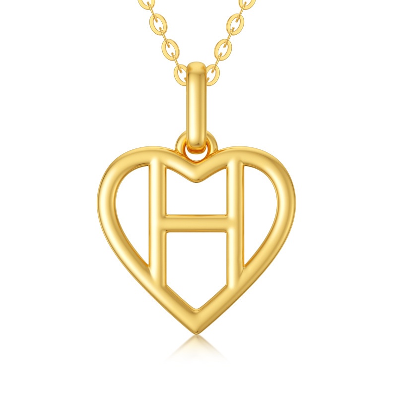 10K Gold Heart Pendant Necklace with Initial Letter H-1