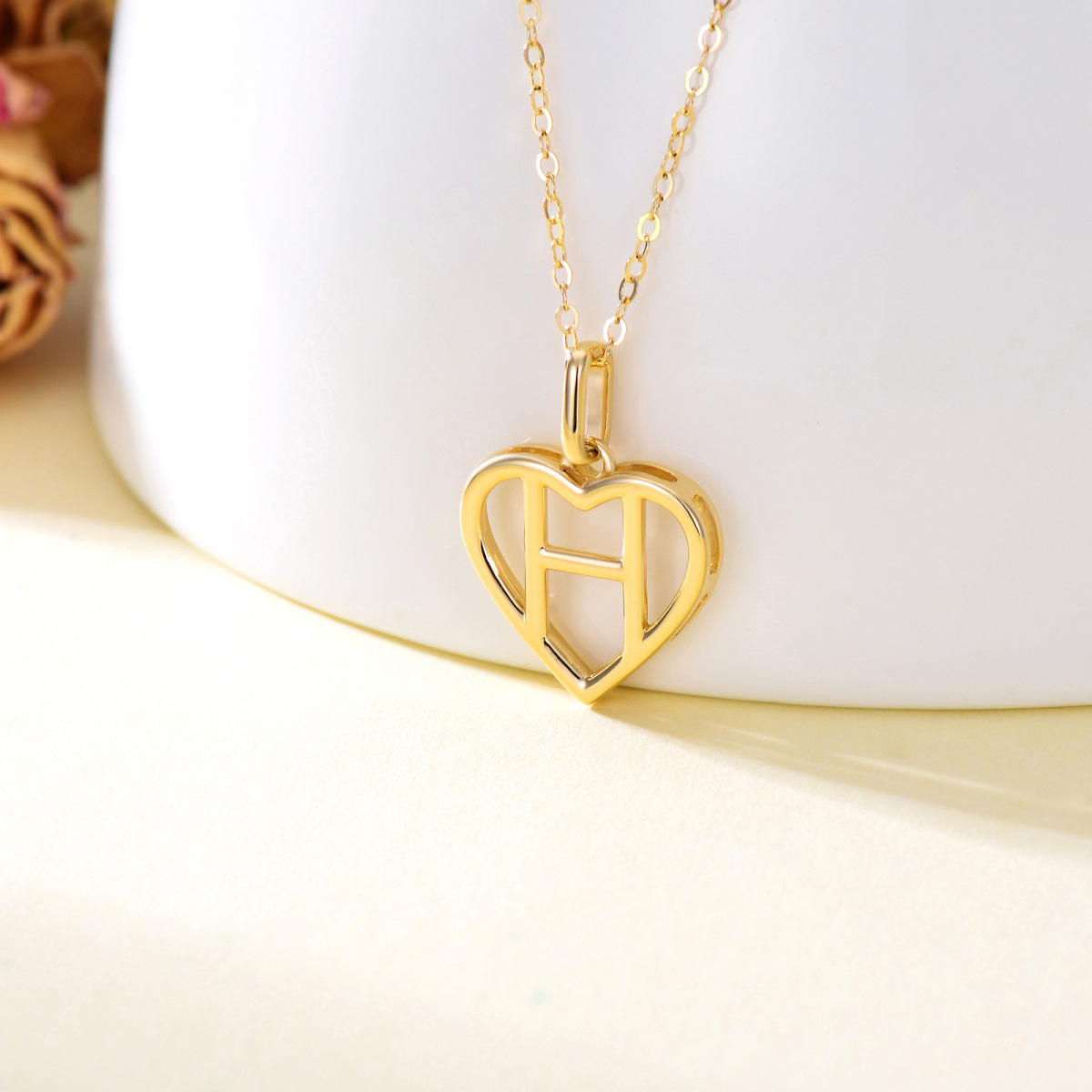 Collier pendentif coeur en or 14K avec lettre initiale H-4