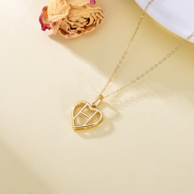 10K Gold Heart Pendant Necklace with Initial Letter H-5