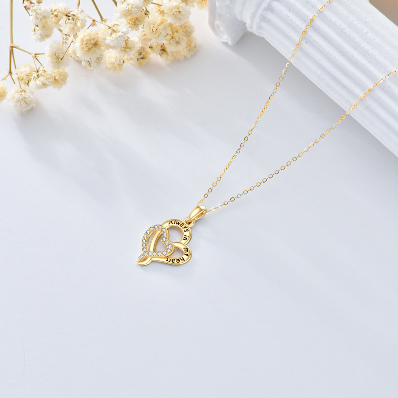 10K Gold Cubic Zirconia Heart With Heart Pendant Necklace with Engraved Word-4