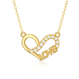 14K Gold Cubic Zirconia Heart Pendant Necklace with Engraved Word-1
