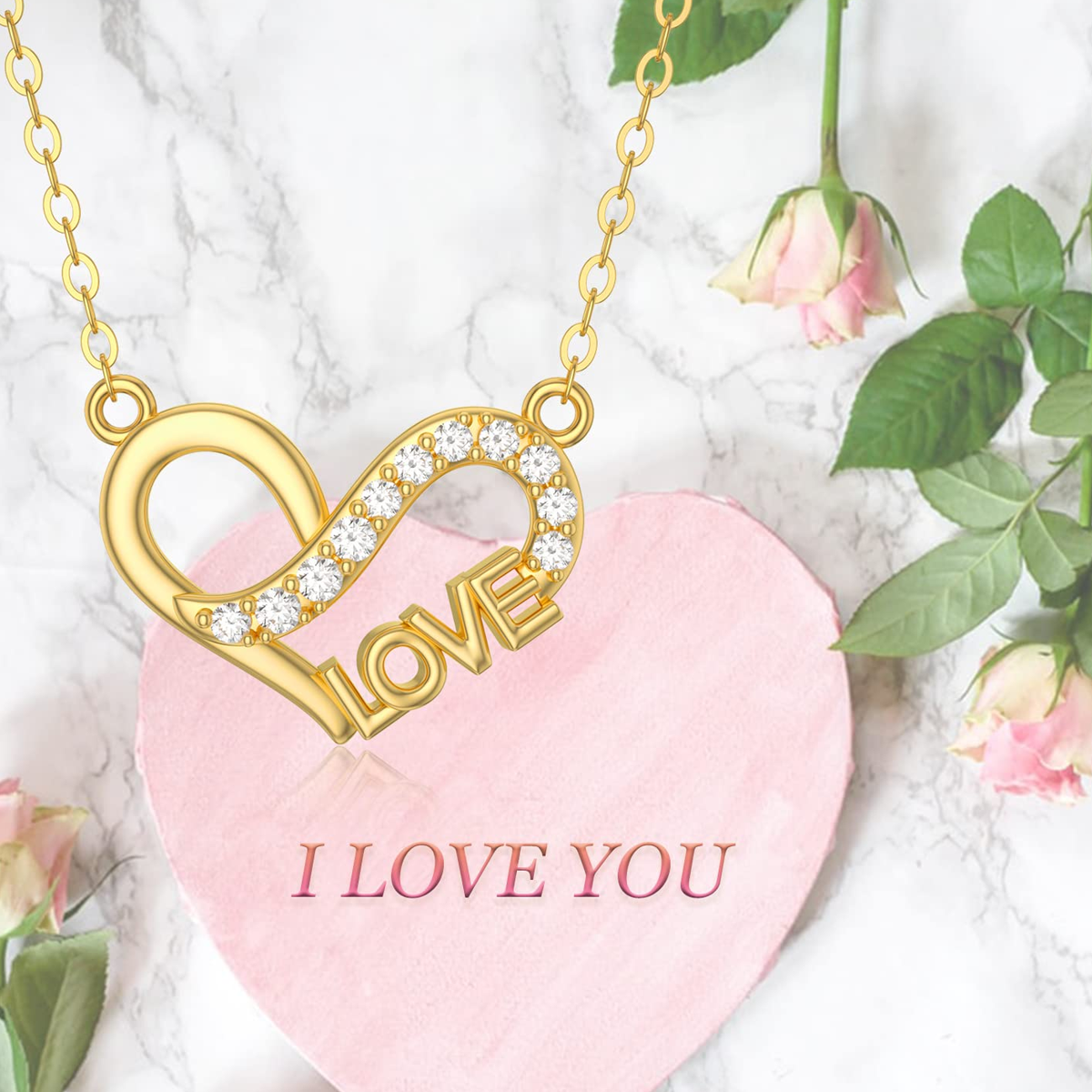 Collar con colgante de corazón de circonita cúbica en oro de 14 quilates y palabra grabada-4