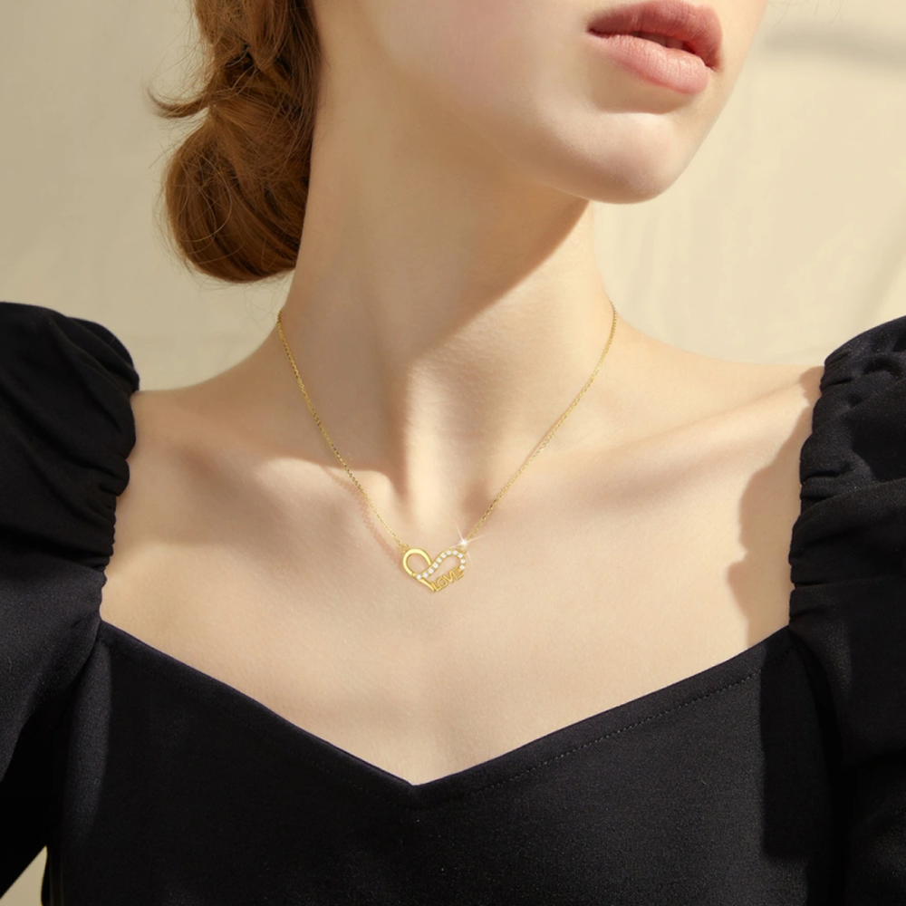 10K Gold Cubic Zirconia Heart Pendant Necklace with Engraved Word-5