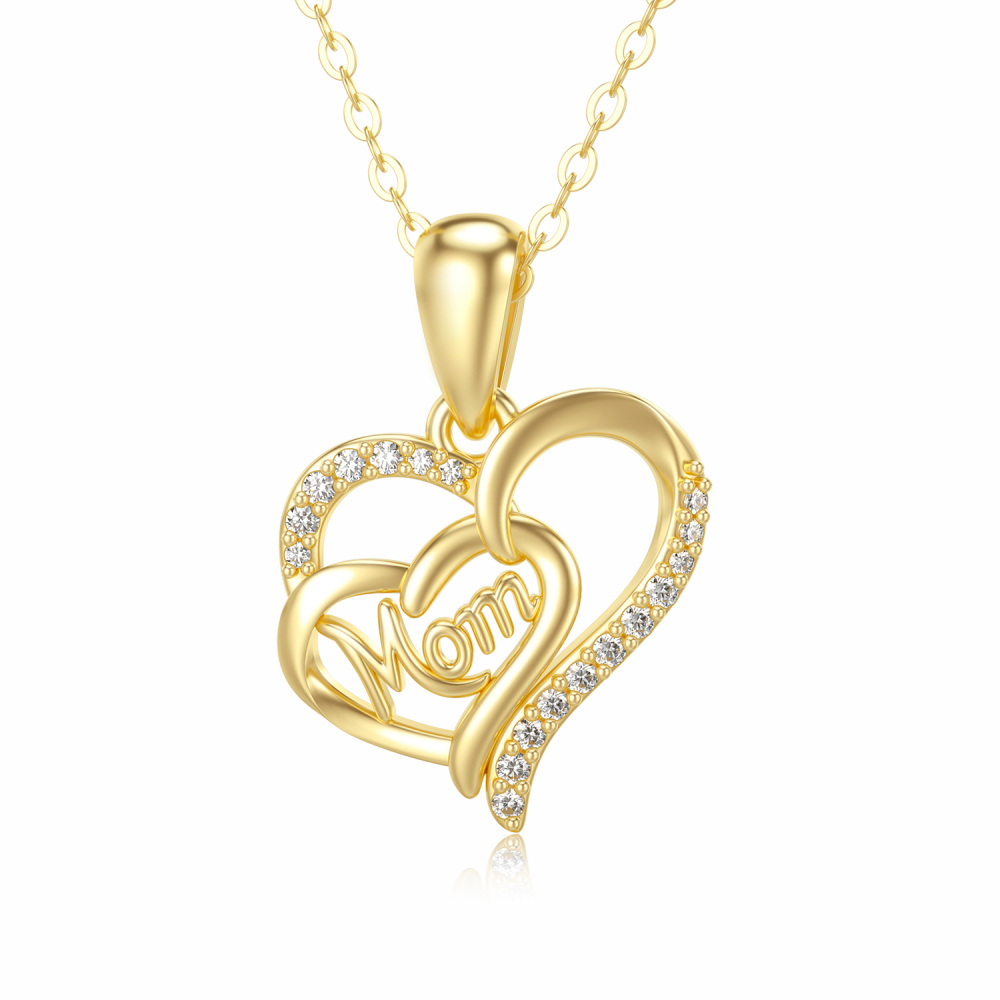 10K Gold Cubic Zirconia Heart With Heart Pendant Necklace With Engraved Word For Mother-1