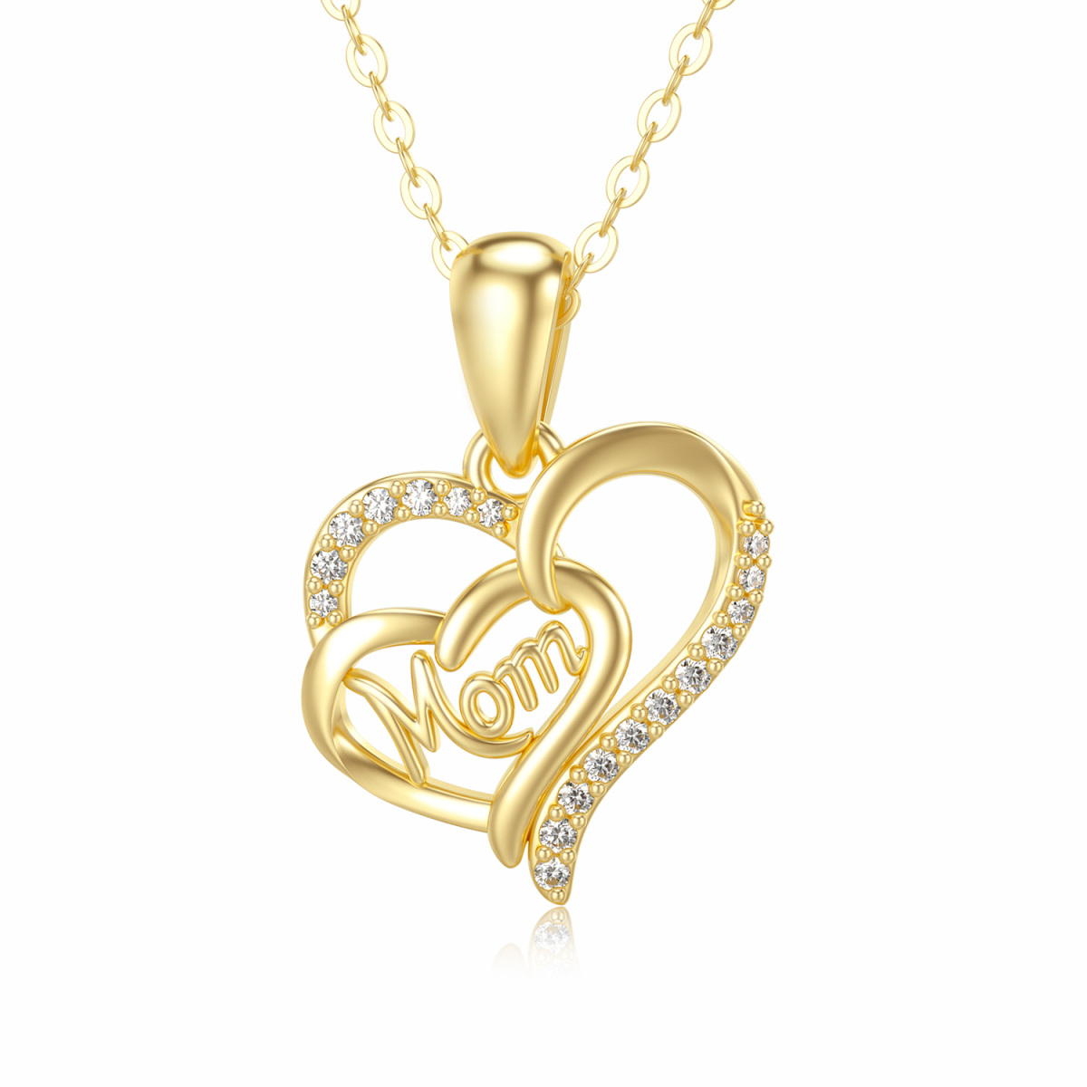 10K Gold Cubic Zirconia Heart With Heart Pendant Necklace With Engraved Word For Mother-1