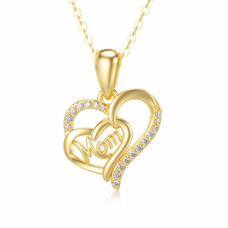 10K Gold Cubic Zirconia Heart With Heart Pendant Necklace With Engraved Word For Mother-35