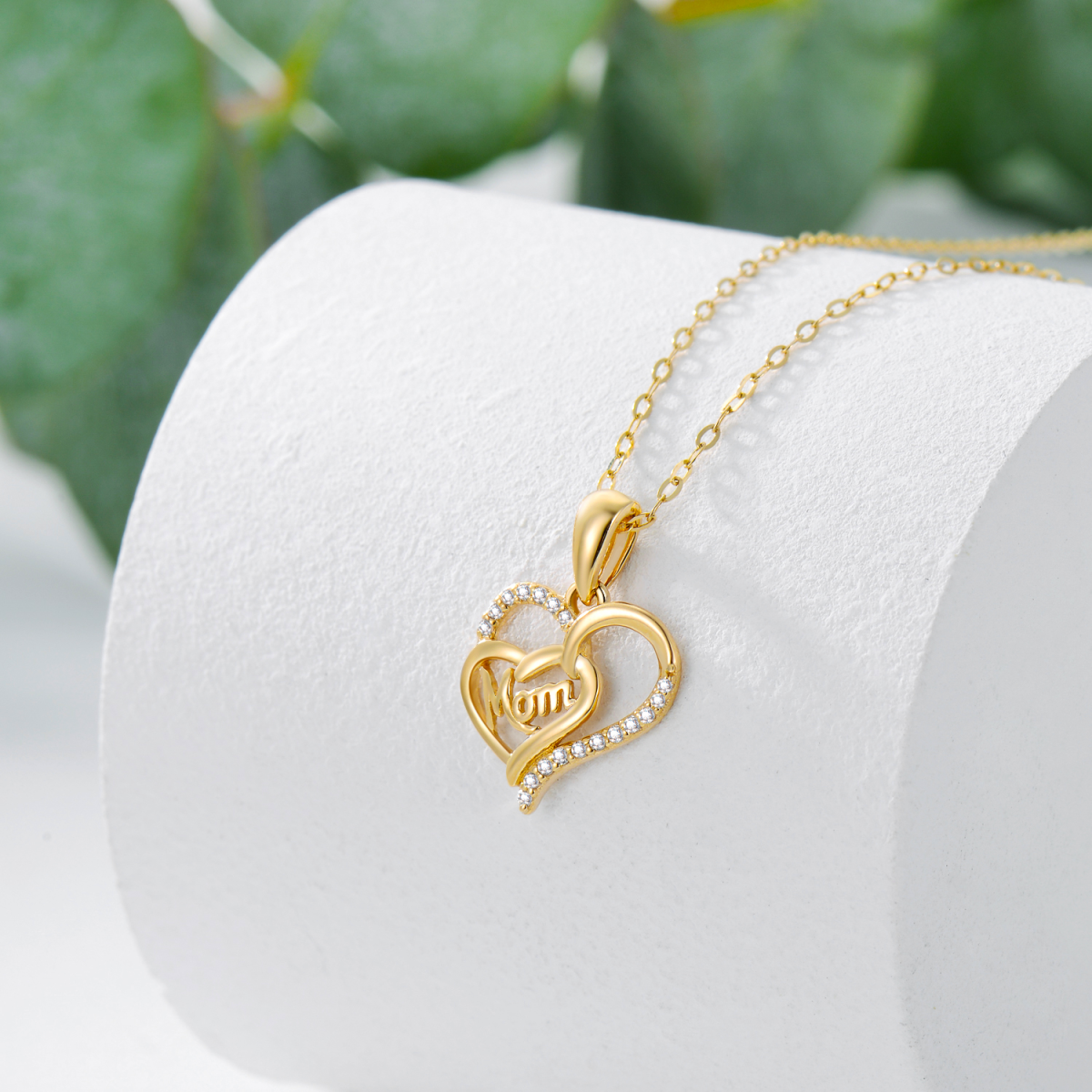 10K Gold Cubic Zirconia Heart With Heart Pendant Necklace With Engraved Word For Mother-3