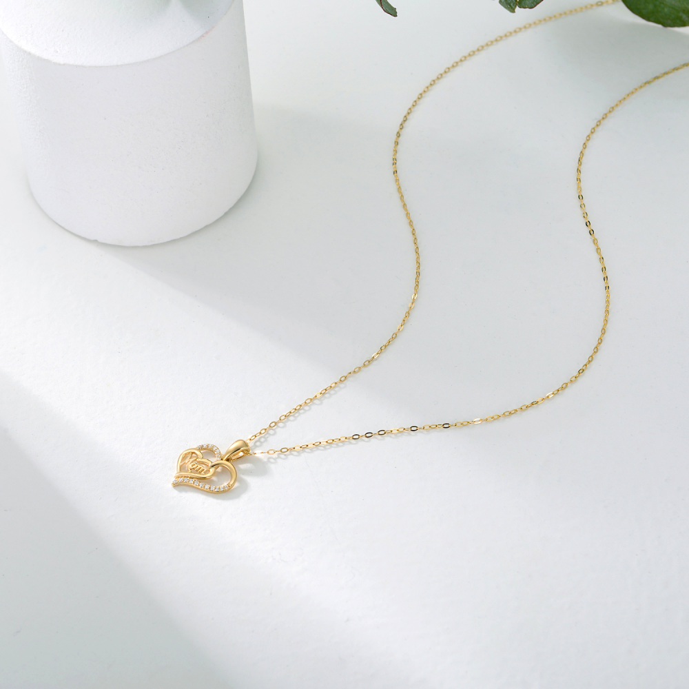 10K Gold Cubic Zirconia Heart With Heart Pendant Necklace With Engraved Word For Mother-4