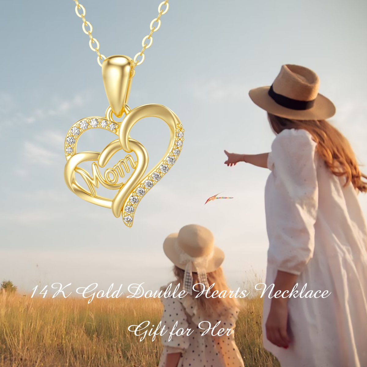 10K Gold Cubic Zirconia Heart With Heart Pendant Necklace With Engraved Word For Mother-5