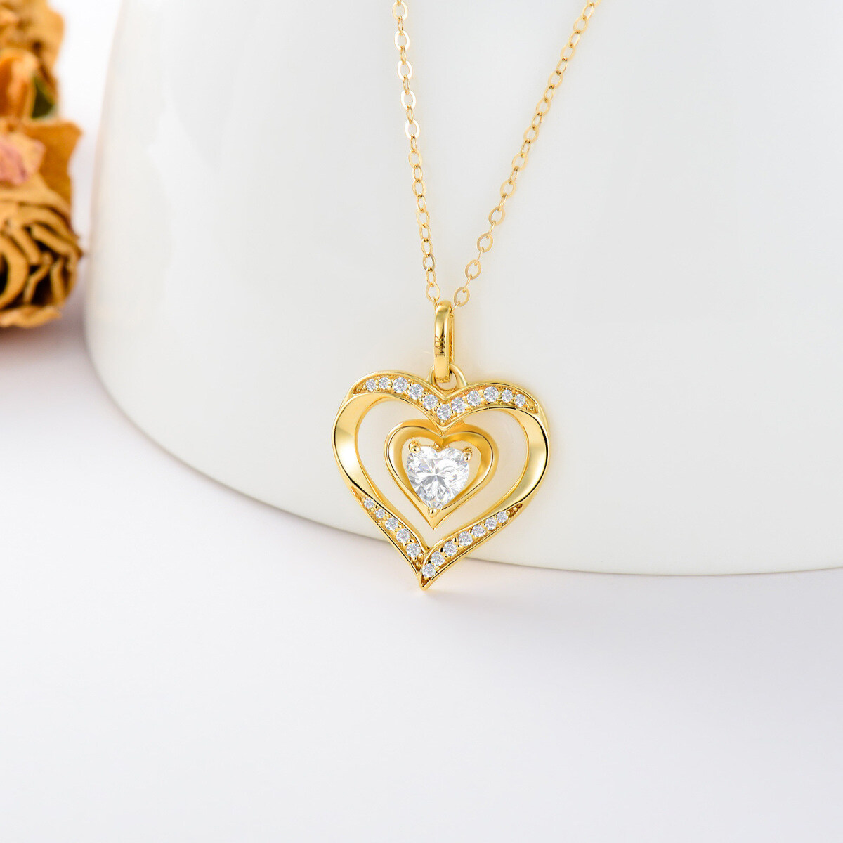 14K Gold Cubic Zirconia Heart Pendant Necklace-3