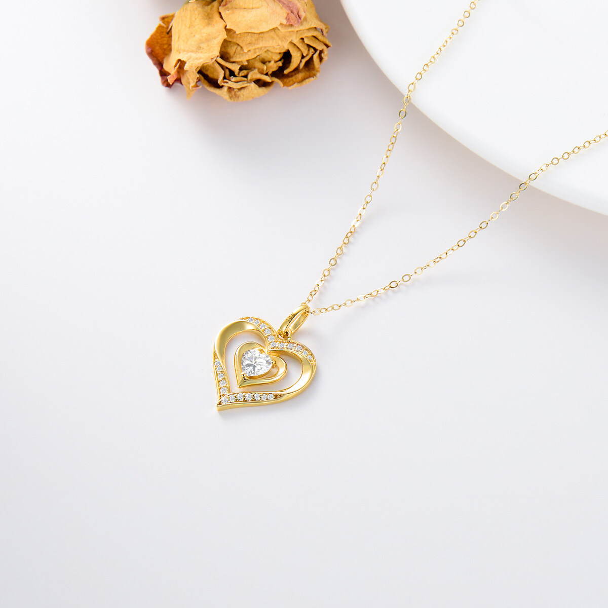 14K Gold Cubic Zirconia Heart Pendant Necklace-4