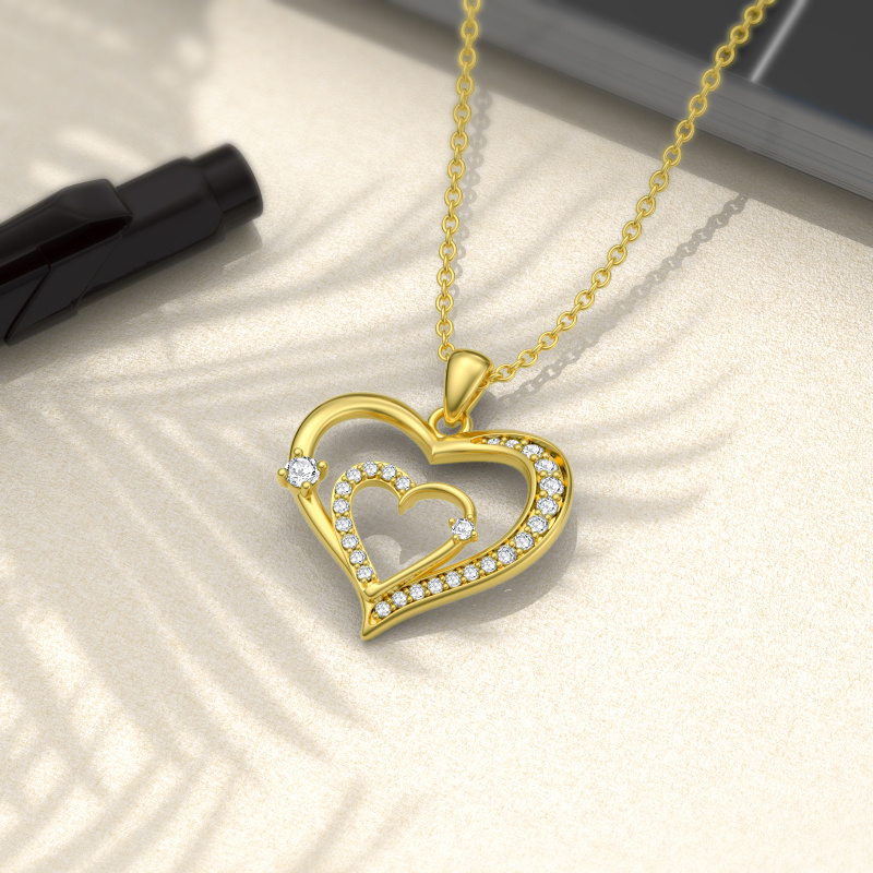 10Kローズゴールド キュービックジルコニア ハートペンダントネックレス-4