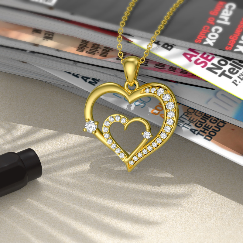 10Kローズゴールド キュービックジルコニア ハートペンダントネックレス-5