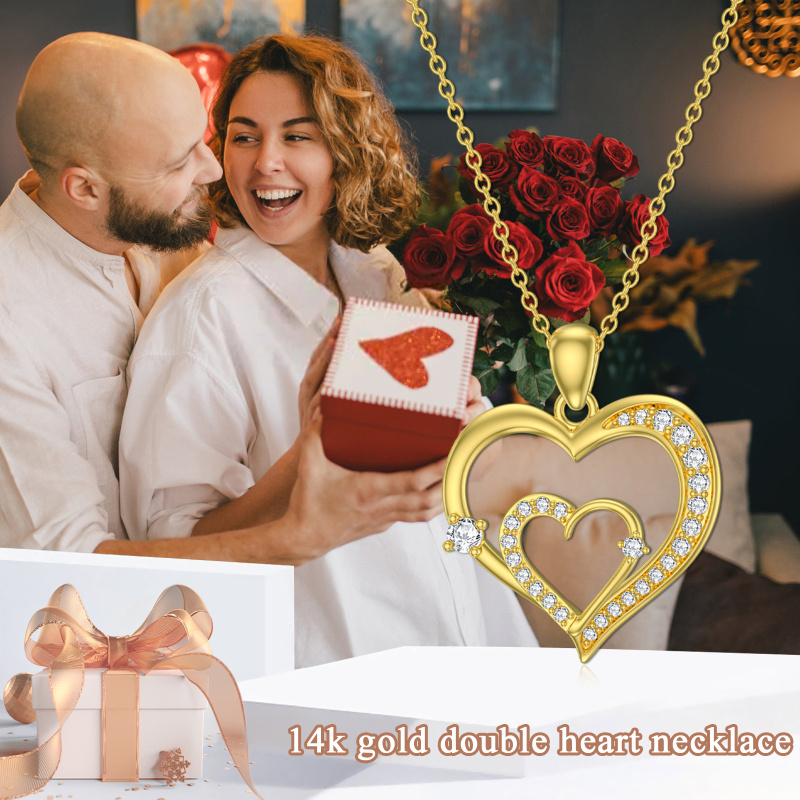 10Kローズゴールド キュービックジルコニア ハートペンダントネックレス-7