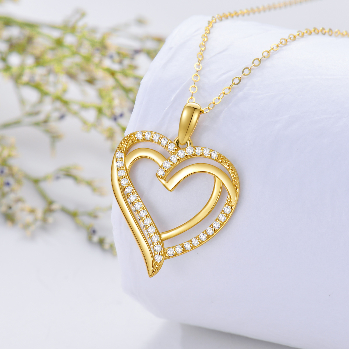 18K Gold Cubic Zirconia Heart Pendant Necklace-3