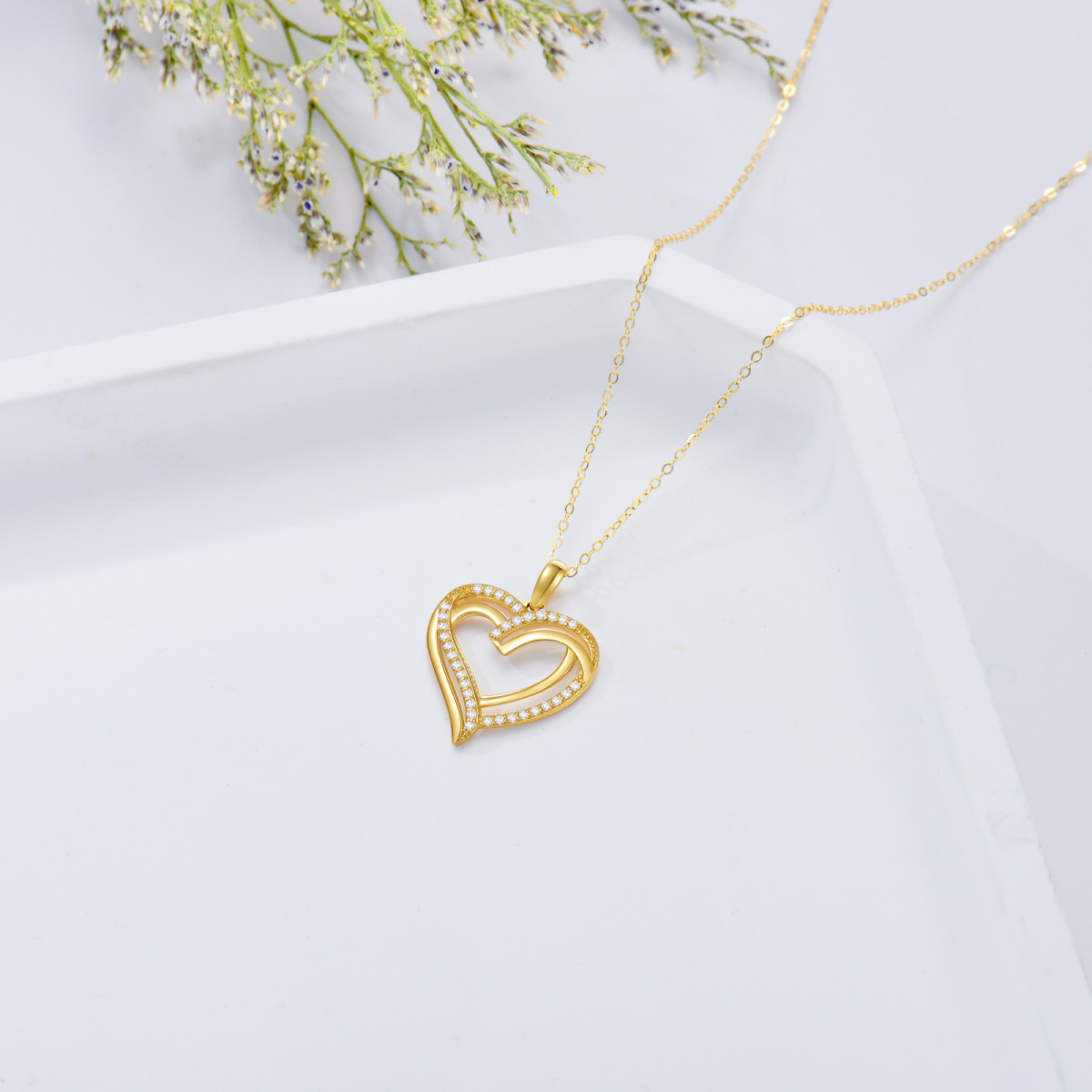 Collana con ciondolo a forma di cuore in oro 18K con zirconia cubica-4