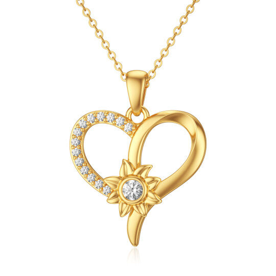 Colar de flores de coração em ouro amarelo 14K com zircônia cúbica, ideal para mulheres