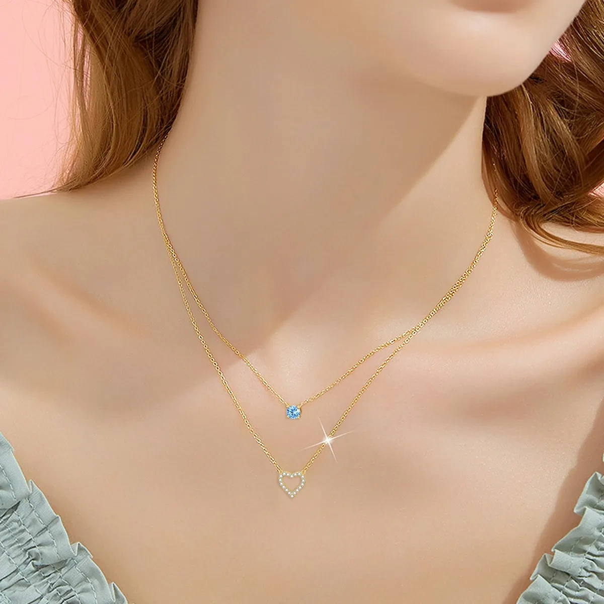 Collier à pendentif cœur en or 14K à zircon cubique-2