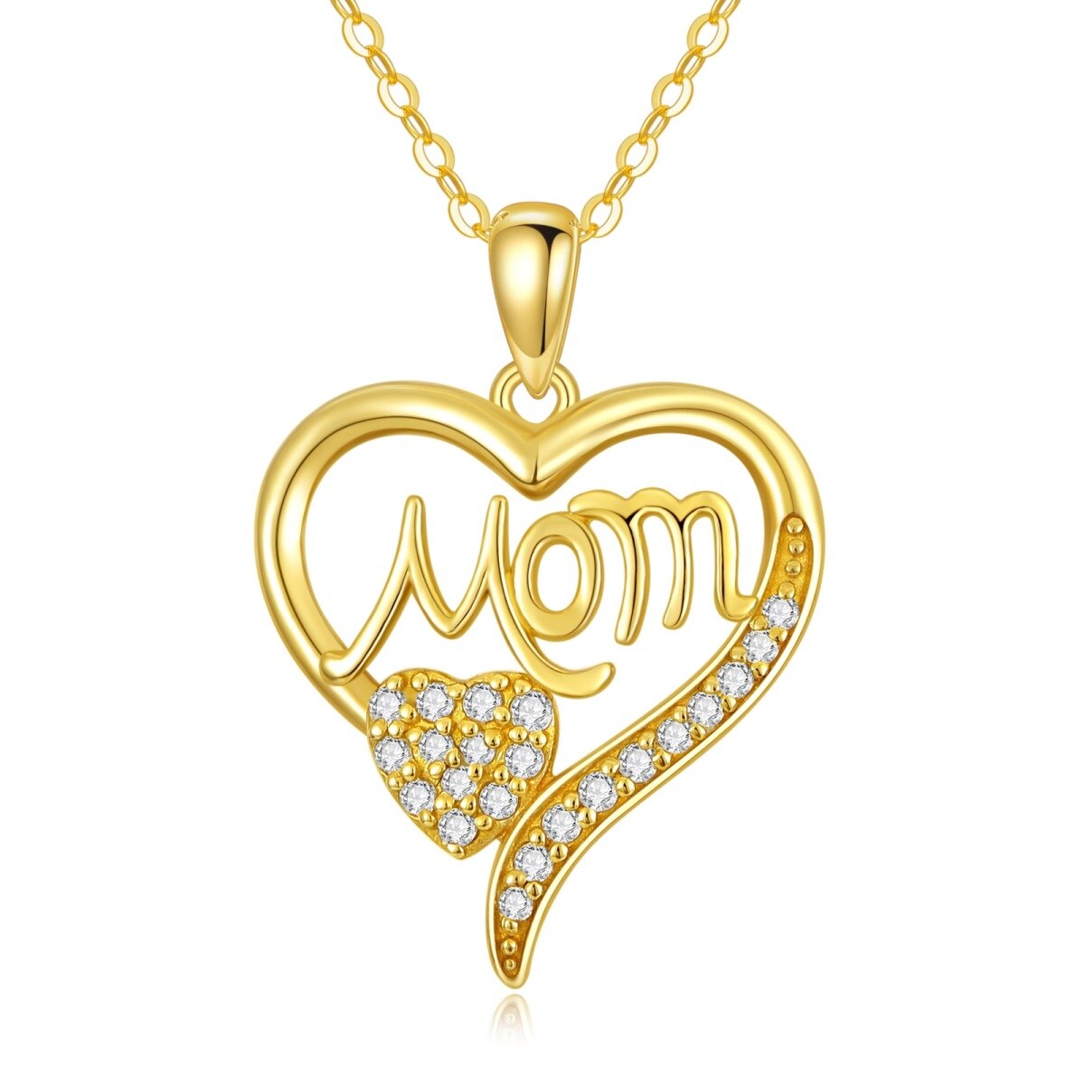 14K Gold Cubic Zirconia Heart Pendant Engraving Necklace For Mother-1