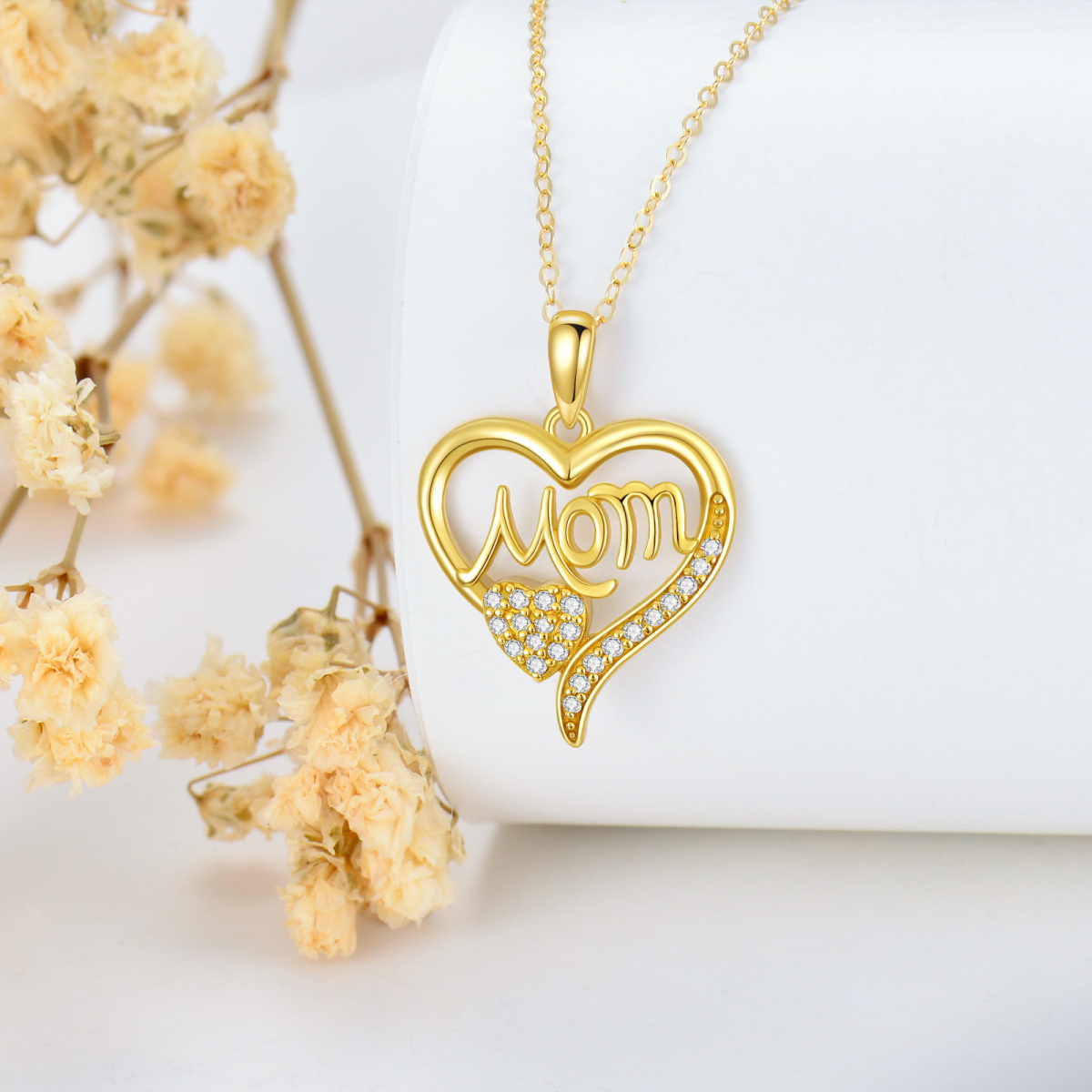 14K Gold Cubic Zirconia Heart Pendant Engraving Necklace For Mother-3