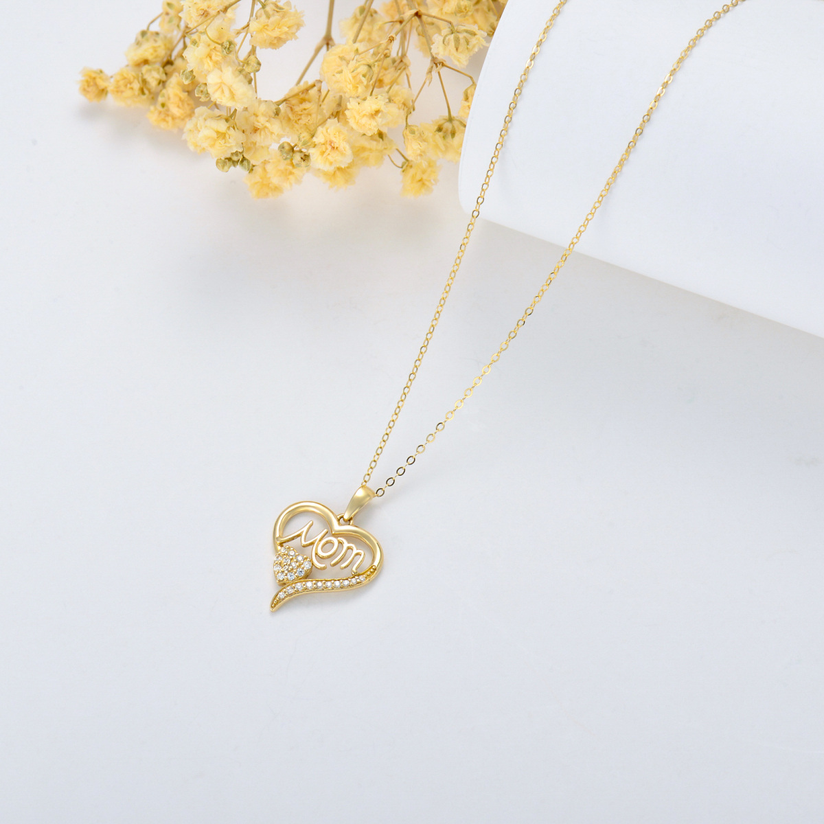 14K Gold Cubic Zirconia Heart Pendant Engraving Necklace For Mother-4