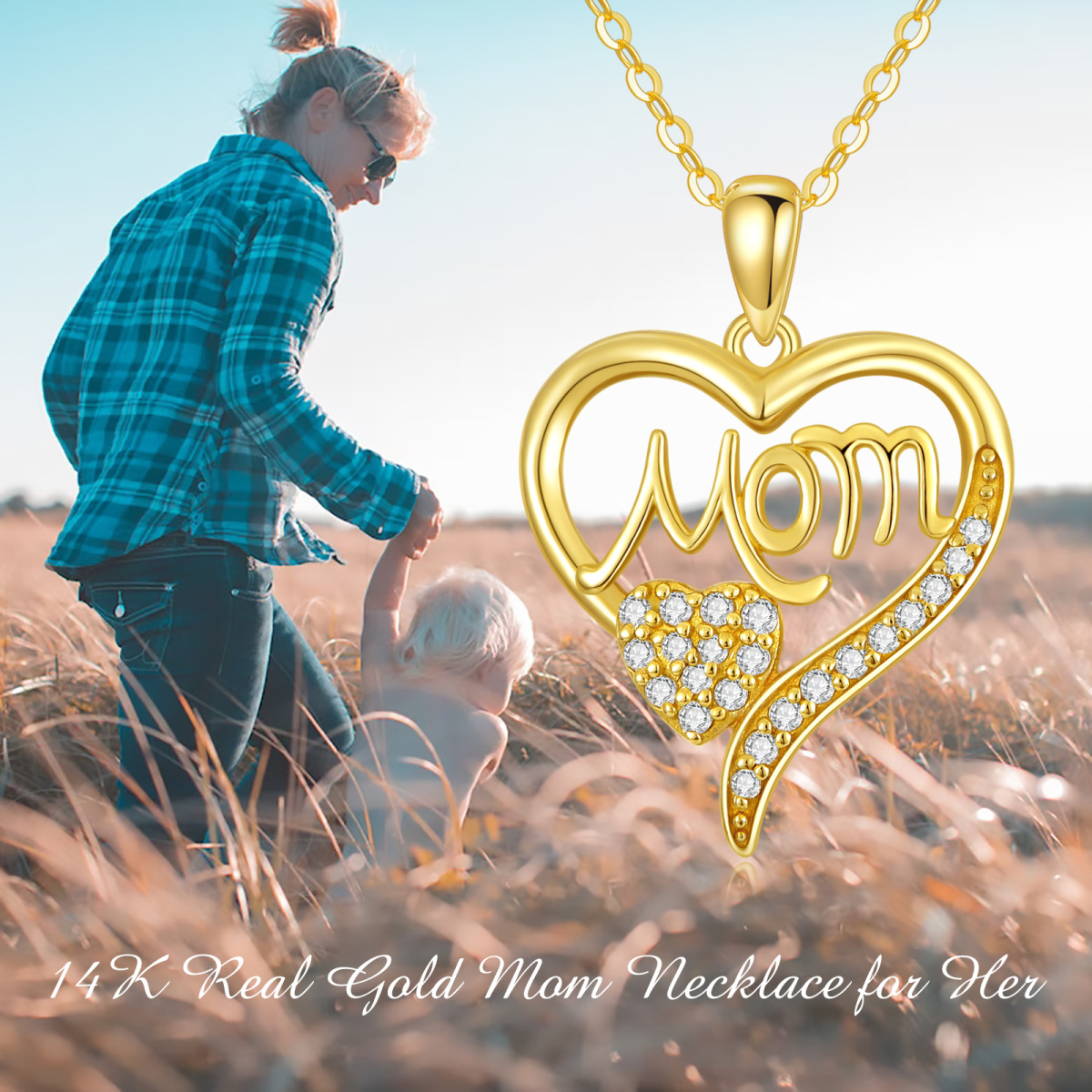 14K Gold Cubic Zirconia Heart Pendant Engraving Necklace For Mother-5