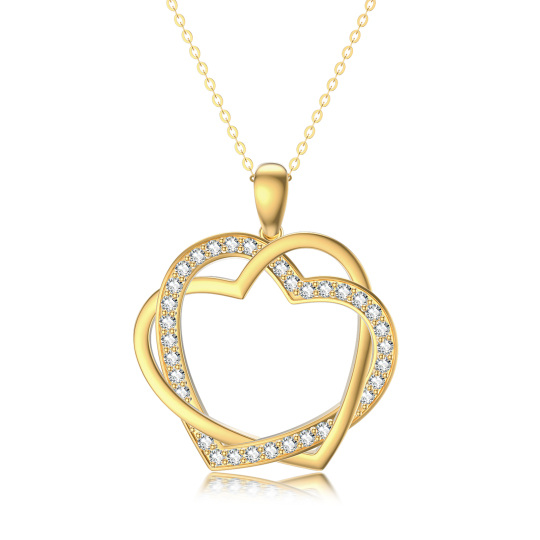 14K Oro Cúbico Zirconia Corazón Con Corazón Collar Colgante