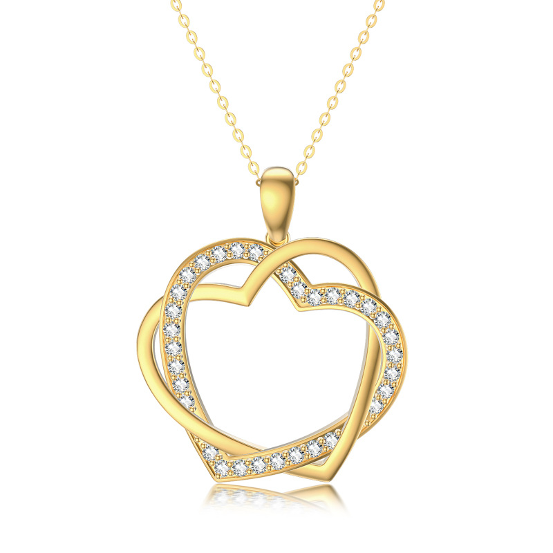 10K Yellow Gold Cubic Zirconia Heart With Heart Pendant Necklace For Women-9