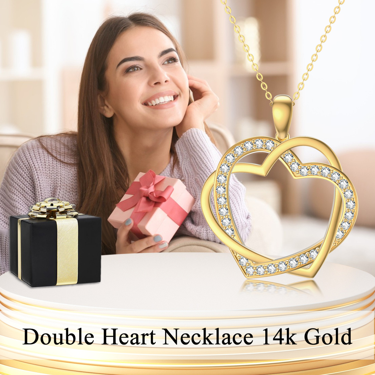 14K Yellow Gold Cubic Zirconia Heart With Heart Pendant Necklace For Women-3